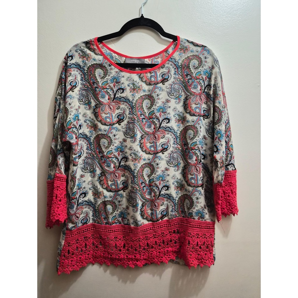 Umgee USA Womens Paisley Boho Top Pink Crochet Lace Trim Sheer Blouse Size M